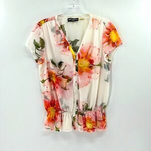 Karl Lagerfeld Peony Short Sleeve Button Front Blouse - White/Pink - XS